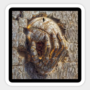 Sculptural Metal Hand: Surreal Art Sticker